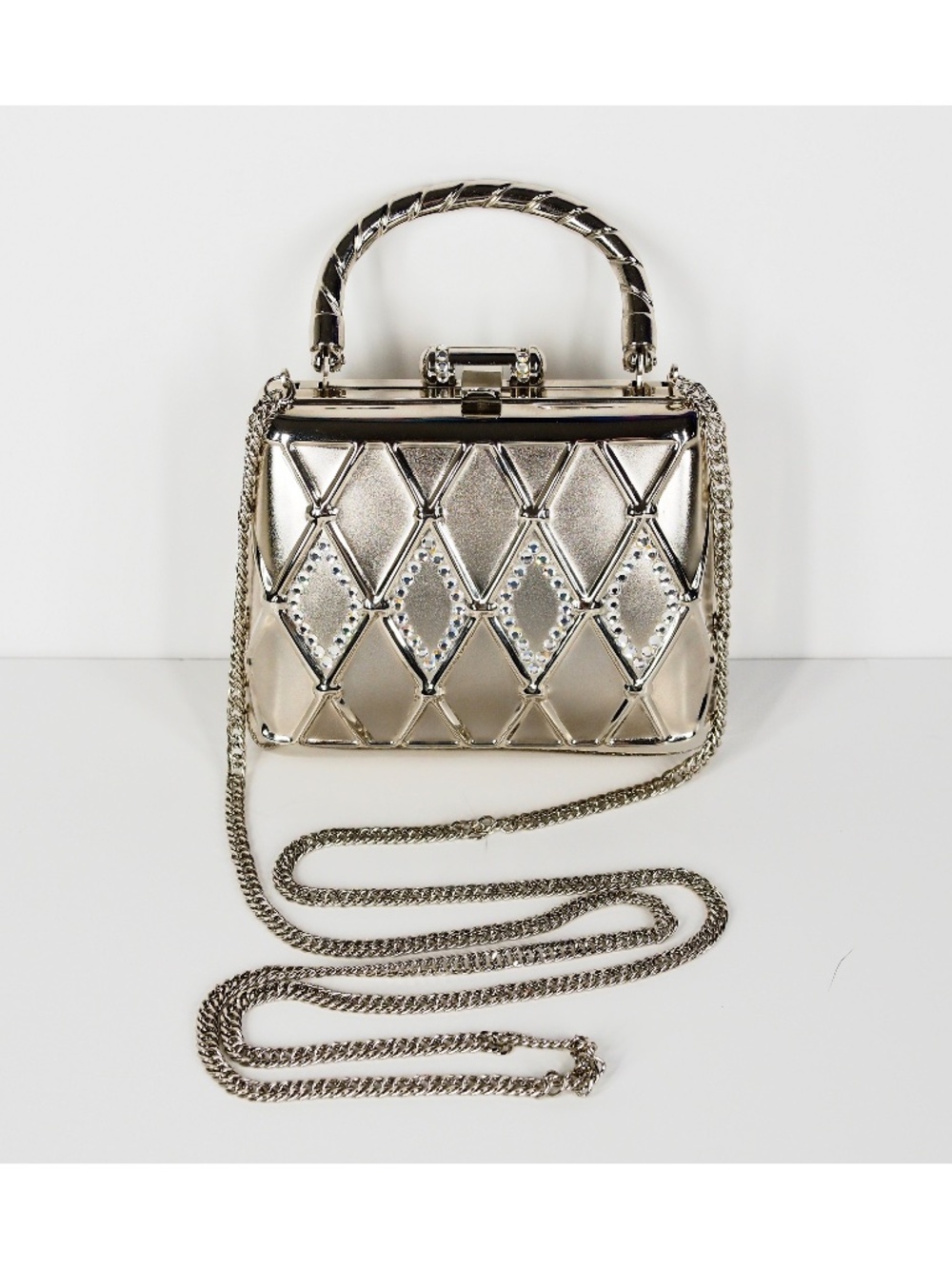 Y & S Silver-Tone Metal Mini Minaudiere with Rhinestones Box Top Handle Shoulder
